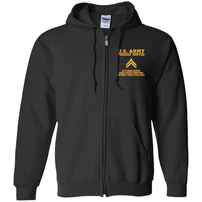 Proudly Served US Army E-4 Corporal E4 CPL  Embroidered Zip Up Hooded Sweatshirt CustomCat