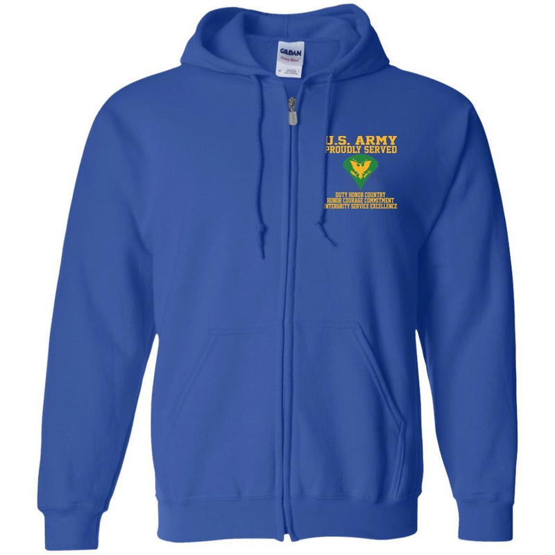 Proudly Served US Army E-4 Specialist E4 SPC  Embroidered Zip Up Hooded Sweatshirt CustomCat