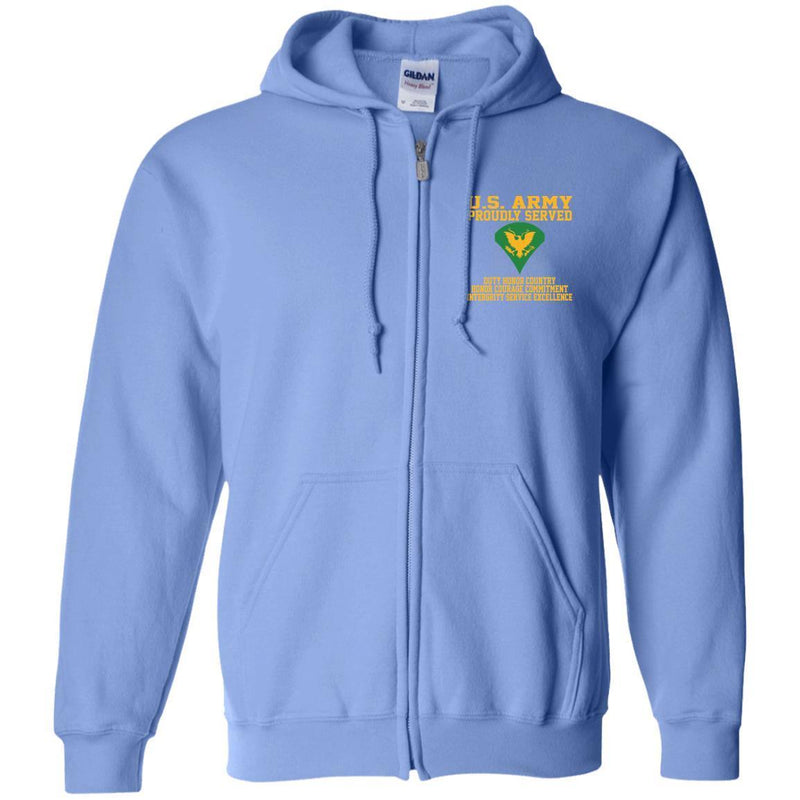 Proudly Served US Army E-4 Specialist E4 SPC  Embroidered Zip Up Hooded Sweatshirt CustomCat