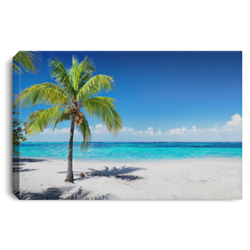 Scenic Coral Beach With Palm Tree Canvas For Home Decor CustomCat