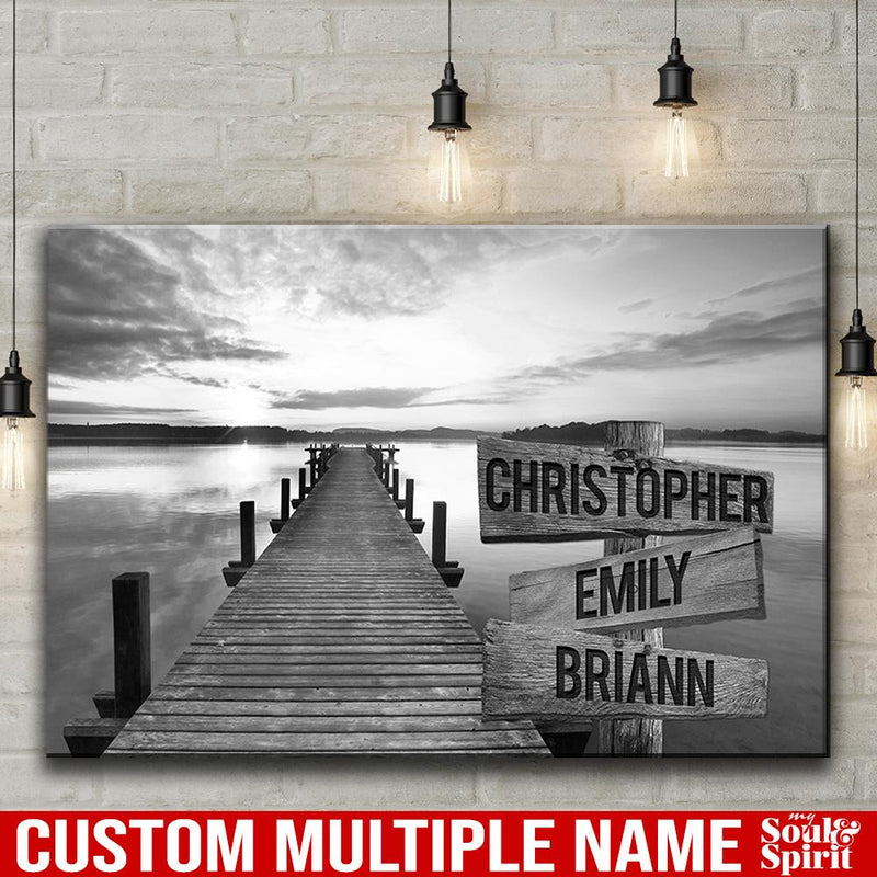 Sunset Lake Dock Multi Names Premium Canvas Crossroads Personalized Canvas Wall Art Black And White, Family Street Sign Family Name Art Canvas Family - CANLA75 - CustomCat