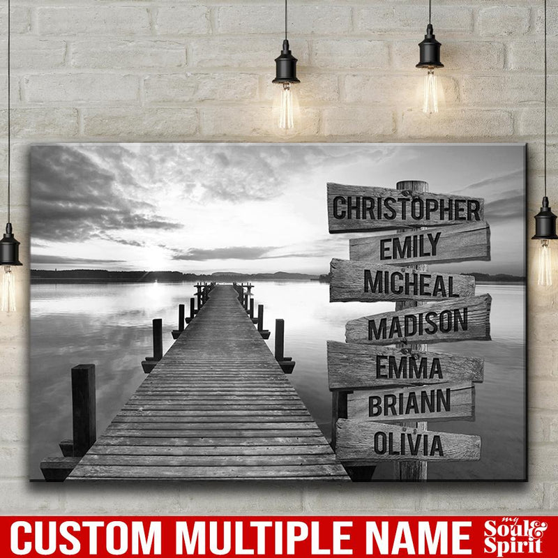 Sunset Lake Dock Multi Names Premium Canvas Crossroads Personalized Canvas Wall Art Black And White, Family Street Sign Family Name Art Canvas Family - CANLA75 - CustomCat