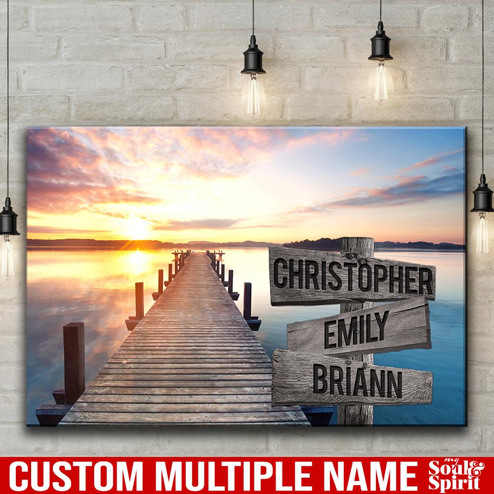 Personalized Name Sign Sunset Lake Scene Wall Art Dock Landscape Canva