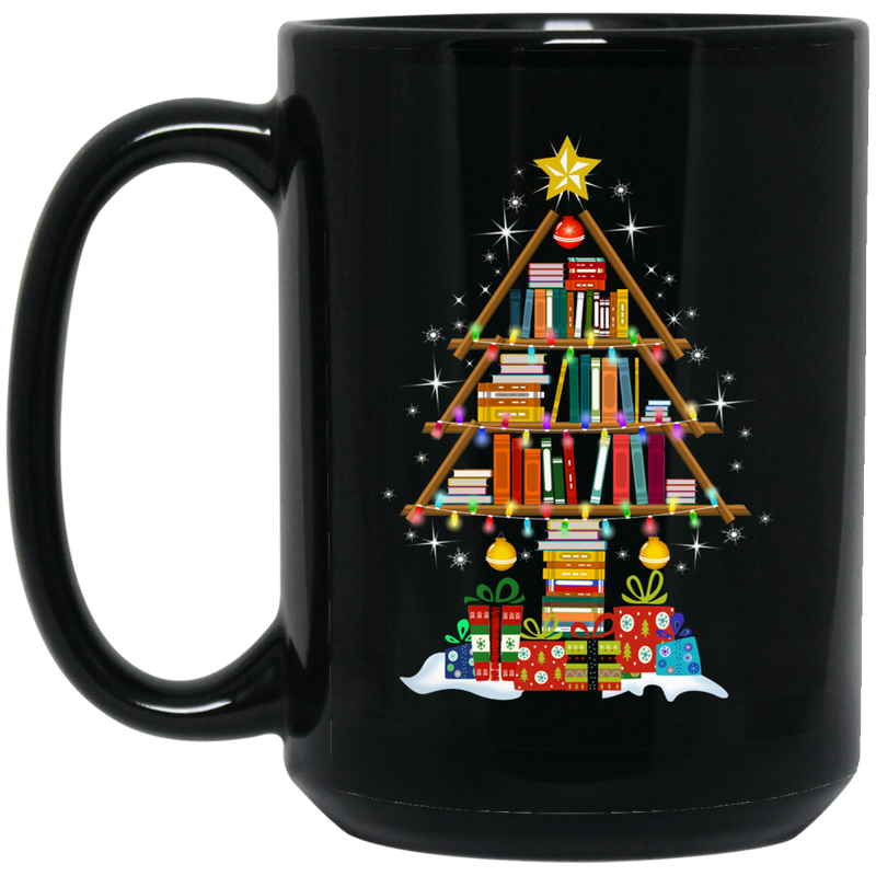 Teacher Coffee Mug Reader Teacher Merry Christmas Tree Book Funny Gift Book Lovers 11oz - 15oz Black Mug