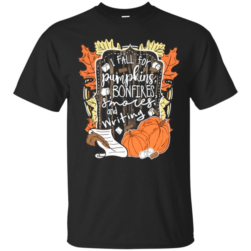 Teacher T-Shirt I Fall For Pumpkins Bonfires S'mores And Writing Halloween Funny Gift Teacher Shirts CustomCat
