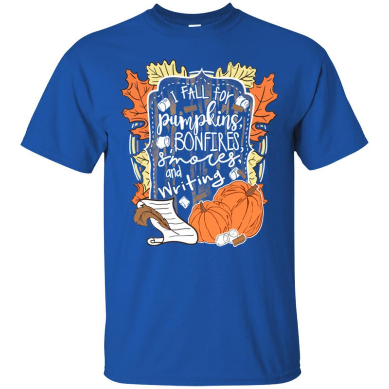 Teacher T-Shirt I Fall For Pumpkins Bonfires S'mores And Writing Halloween Funny Gift Teacher Shirts CustomCat