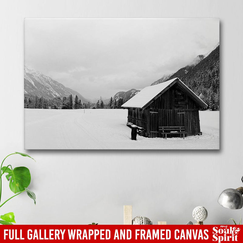 Winter Mountains Landscape With Wooden Barn And Dramatic Sky Canvas For Home Decor Family - CANLA75 - CustomCat