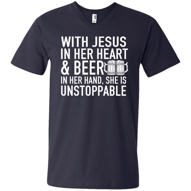With Jesus in Her Heart and Beer in Her Hand She Is Unstoppable t-shirts CustomCat